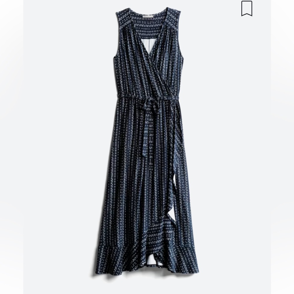Loveappella Darielle Faux Wrap Ruffle Hem Midi Dress, Navy and White, 1X